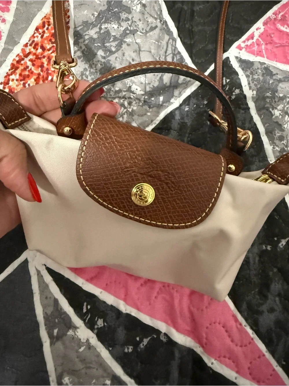 Longchamp Beige Crossbody Bag with Brown Trim and Gold Hardware